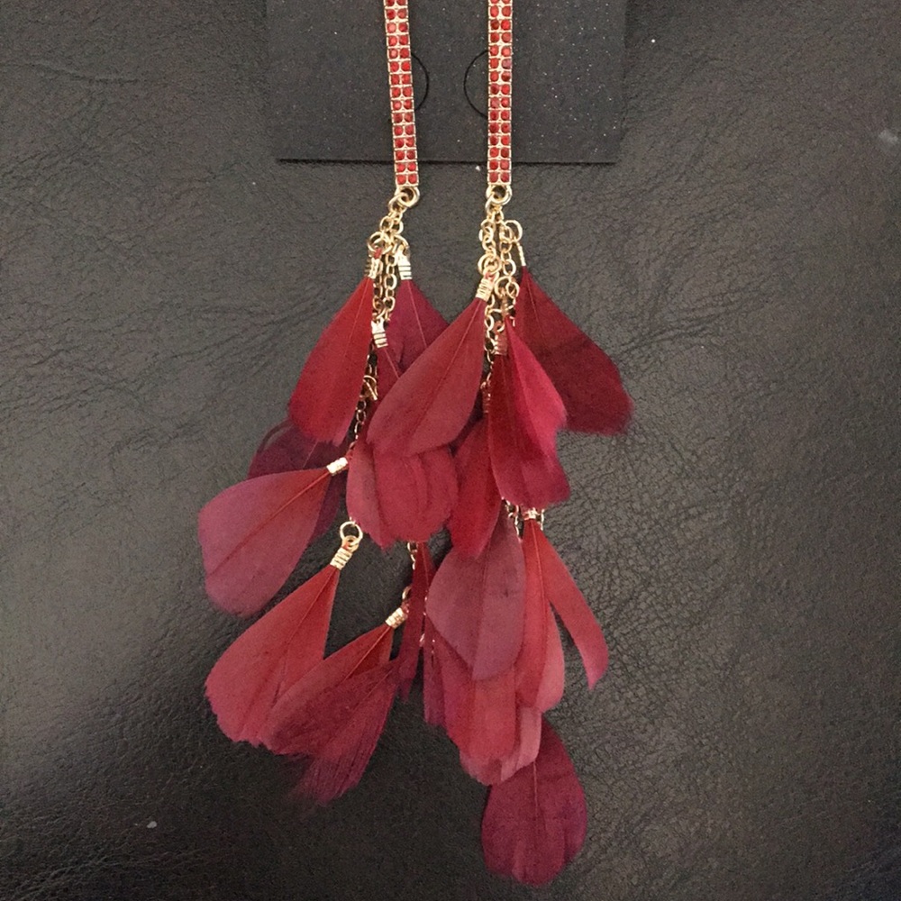 Rampage Beet Red Feather & Crystal Earrings